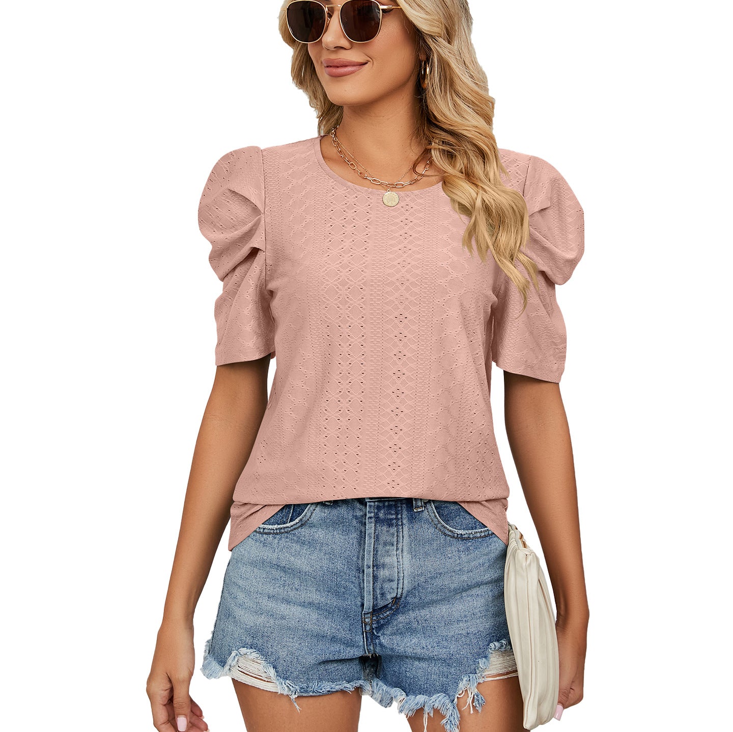 Textured Puff Sleeve Knit Top with Crew Neck