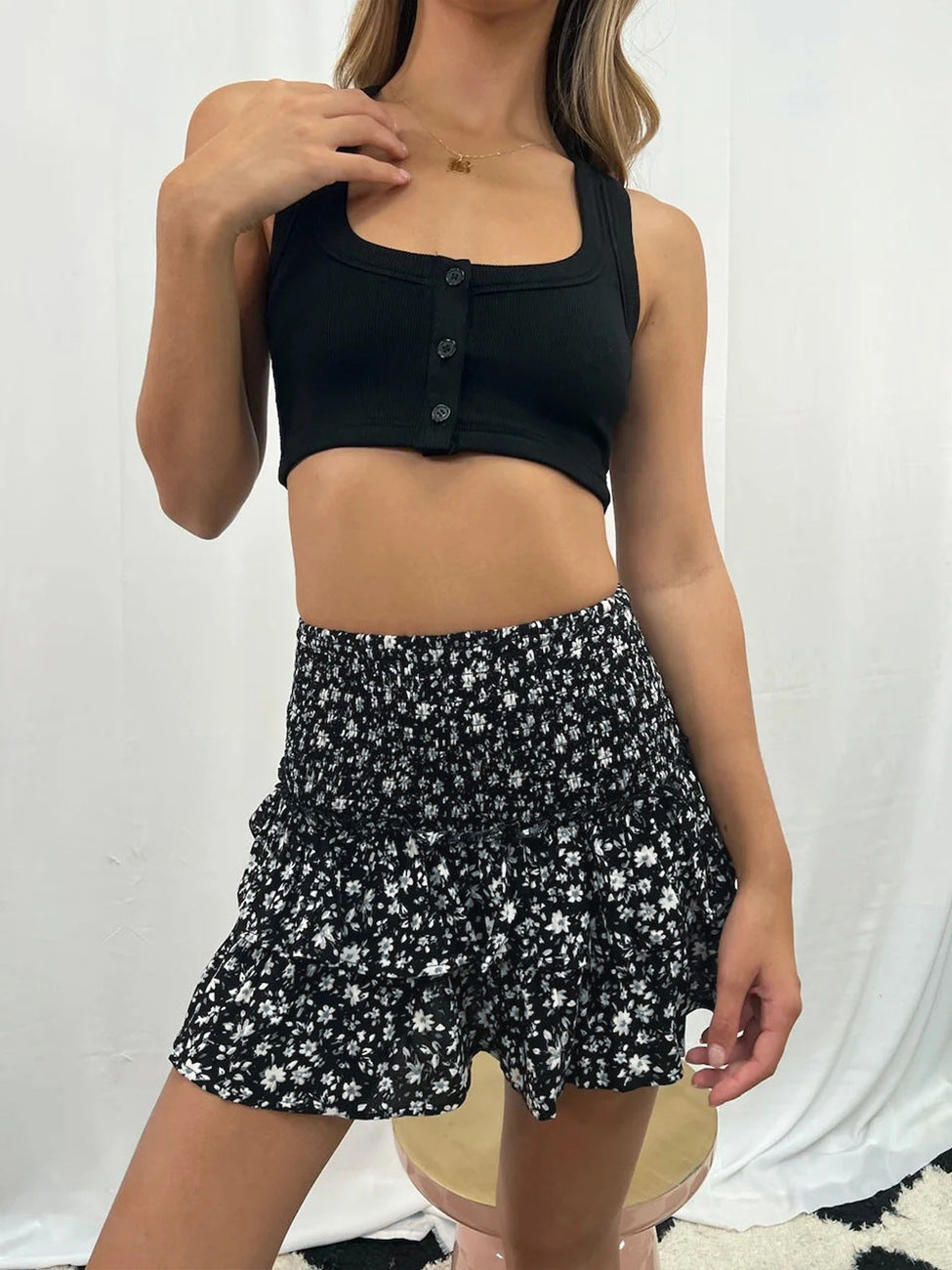 Bohemian Floral Pleated Skirt, Ruffle Edge Printed Skirt