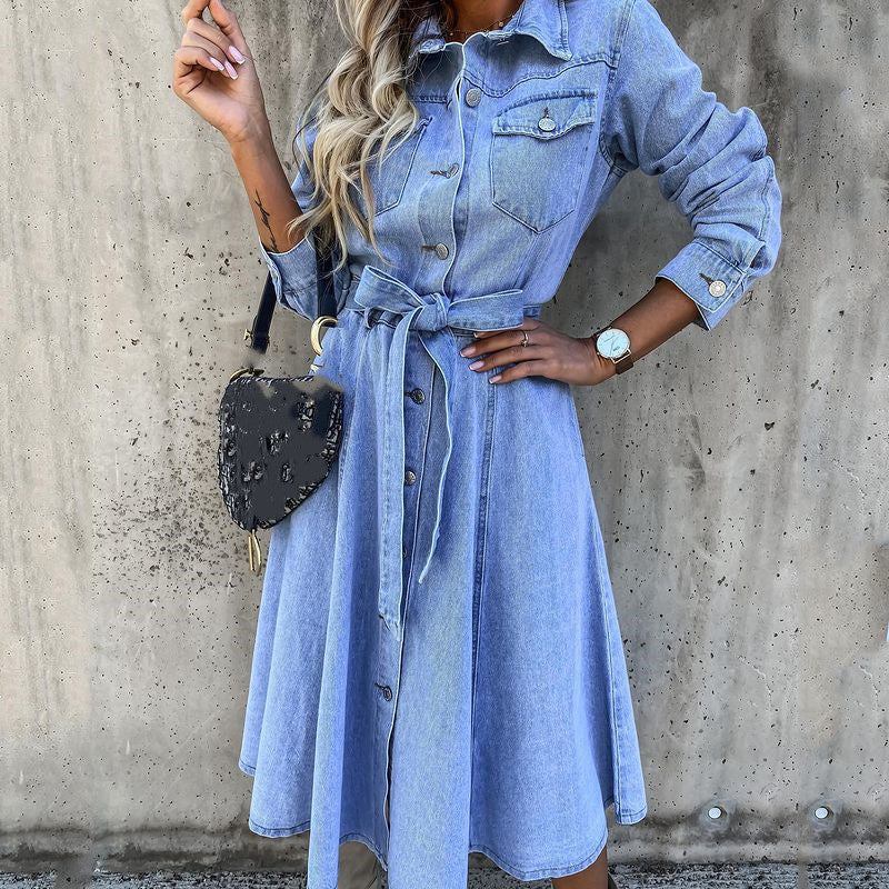 Belted Long Sleeve Button Down Denim Midi Dress