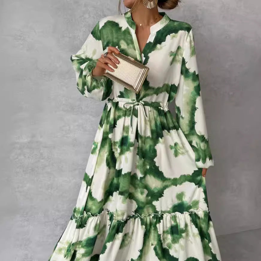 Women's Boho Tie Waist Tiered Maxi Dress Long Sleeve