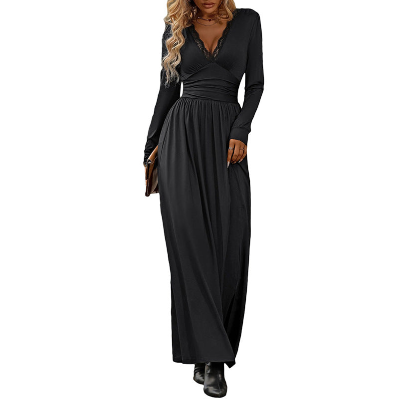 Lace V-Neck Long Sleeve Slit A-Line Maxi Dress