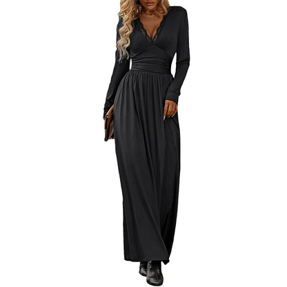 Lace V-Neck Long Sleeve Slit A-Line Maxi Dress