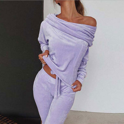 Women's Off Shoulder Velour Lounge Tracksuit Set