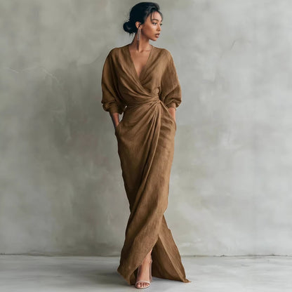 Elegant Wrap V-Neck Maxi Dress Side Slit Pockets