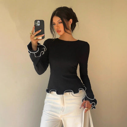 Women's Contrast Trim Ruffle Sleeve Fitted Knit Top