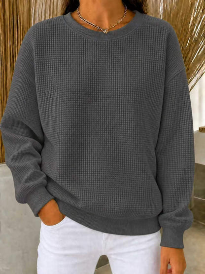 Women's Waffle Knit Oversized Crew Neck Long Sleeve Top