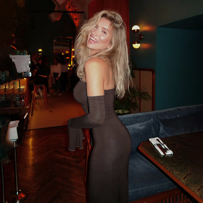 Strapless Bodycon Mermaid Maxi Dress Bell Sleeves