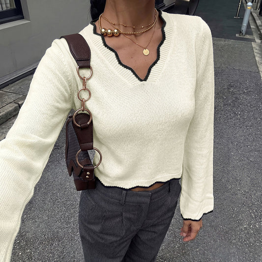 Contrast Scallop V Neck Knit Cropped Sweater