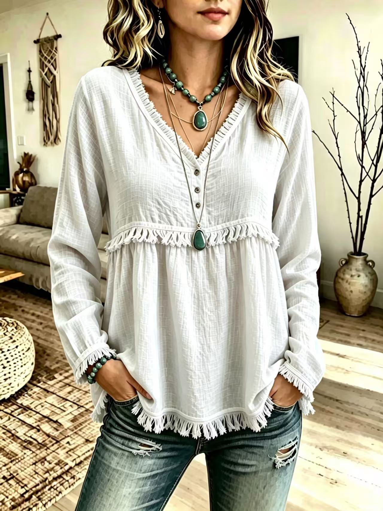 Women's V-Neck Fringe Long Sleeve Casual Blouse