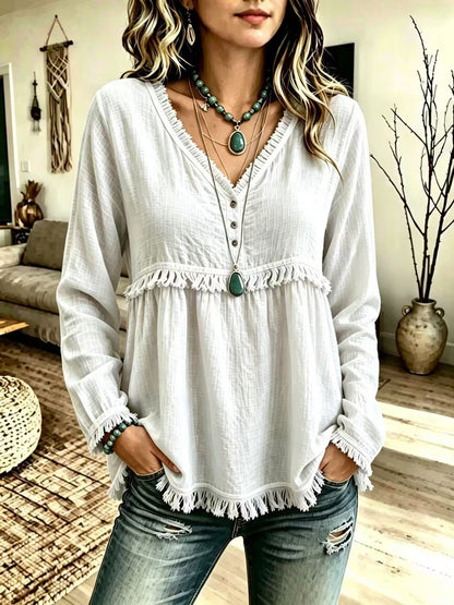 Women's V-Neck Fringe Long Sleeve Casual Blouse