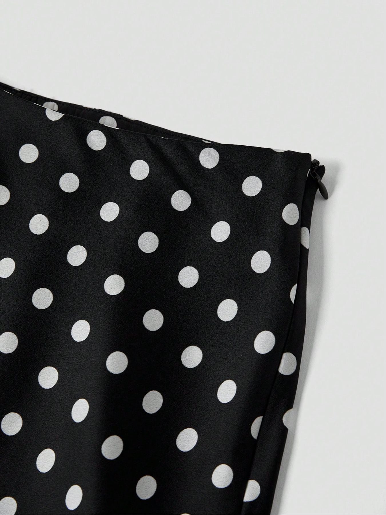 Polka Dot Satin A-Line Skirt Trendy Zip Midi Dress