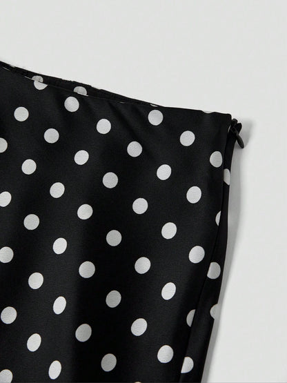 Polka Dot Satin A-Line Skirt Trendy Zip Midi Dress