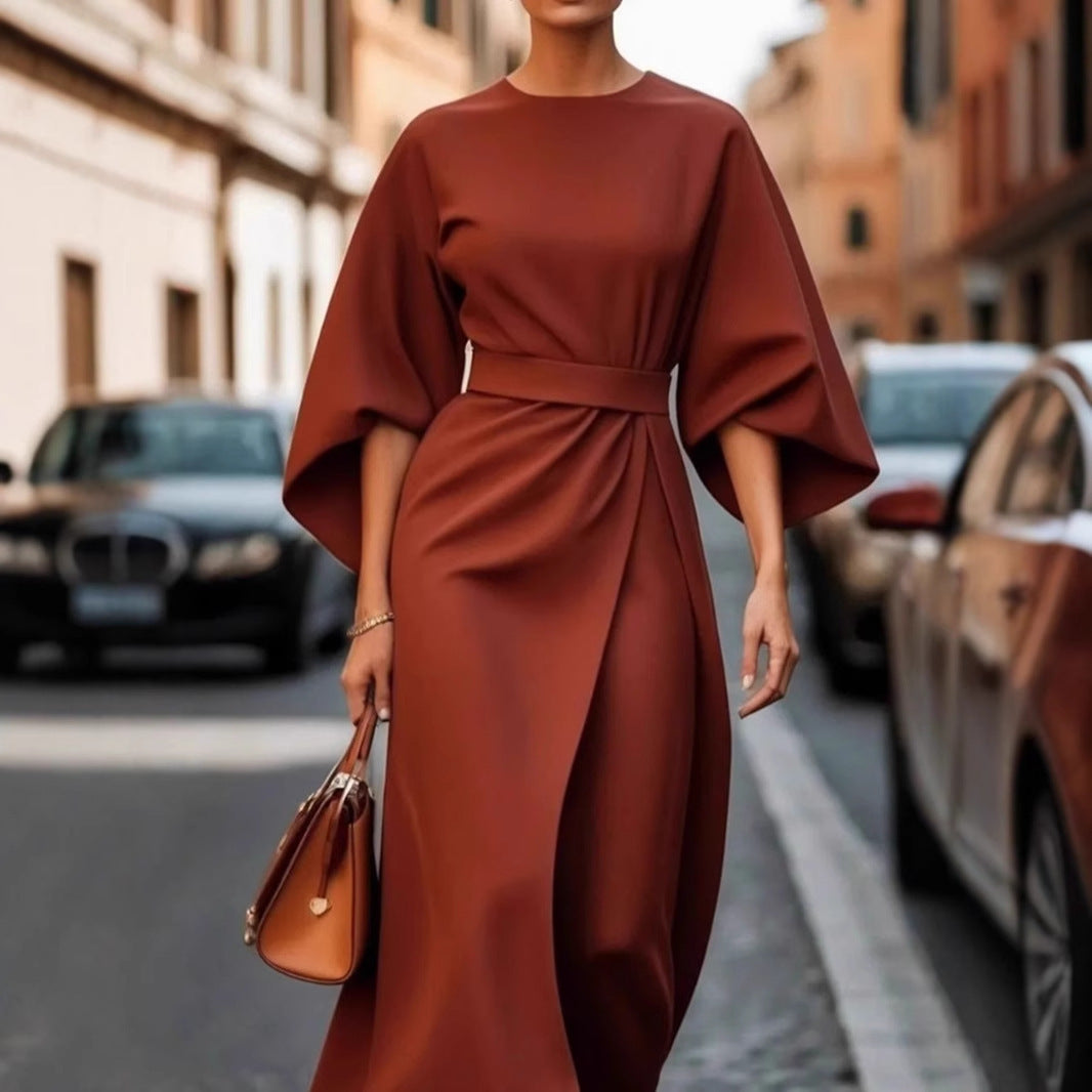 Elegant Batwing Sleeve Tie Waist Maxi Dress