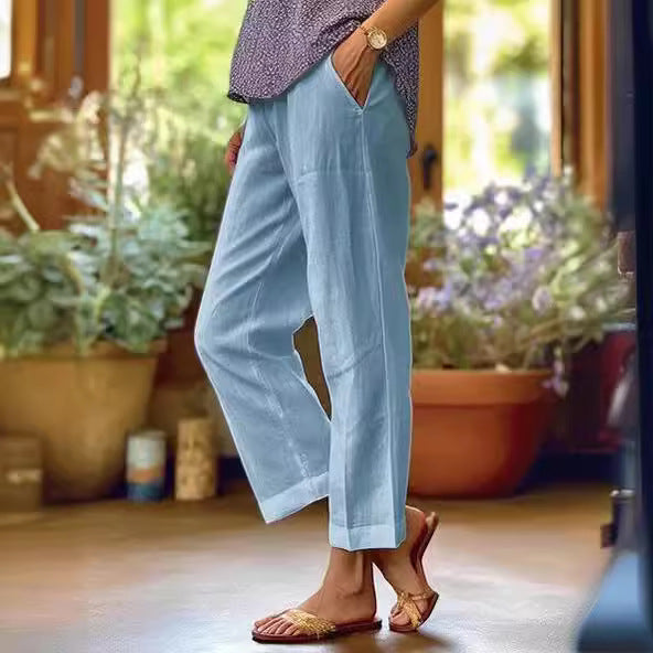 Women's Casual Straight Leg Cotton Linen Pants with Pockets