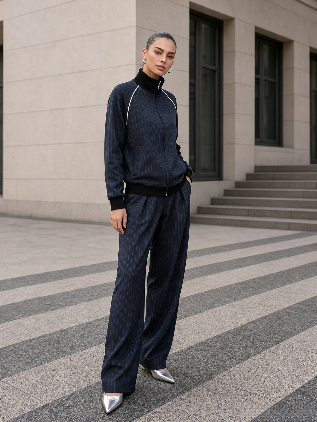 Women's Striped Zip Up Jacket Wide Leg Pants 2 Piece Set