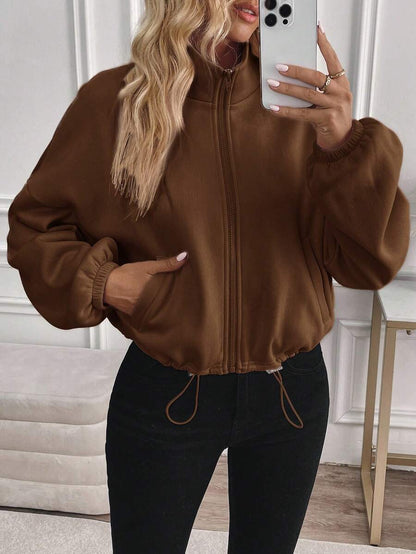 Women's Fleece Zip Up Jacket Drawstring Hem Oversized