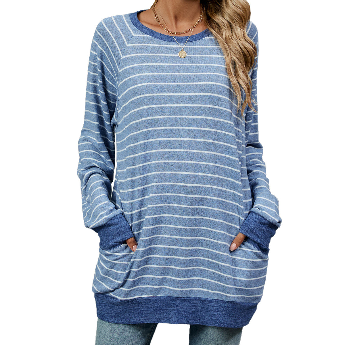 Women's Striped Color Block Long Sleeve Pocket Tunic