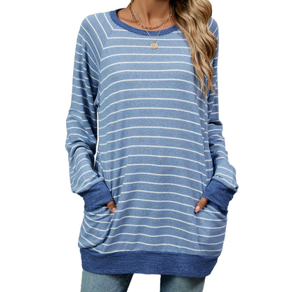 Women's Striped Color Block Long Sleeve Pocket Tunic
