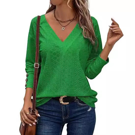 Women's Loose V-Neck Eyelet Long Sleeve Blouse Top