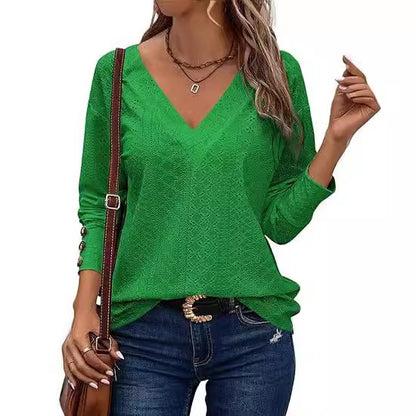 Women's Loose V-Neck Eyelet Long Sleeve Blouse Top