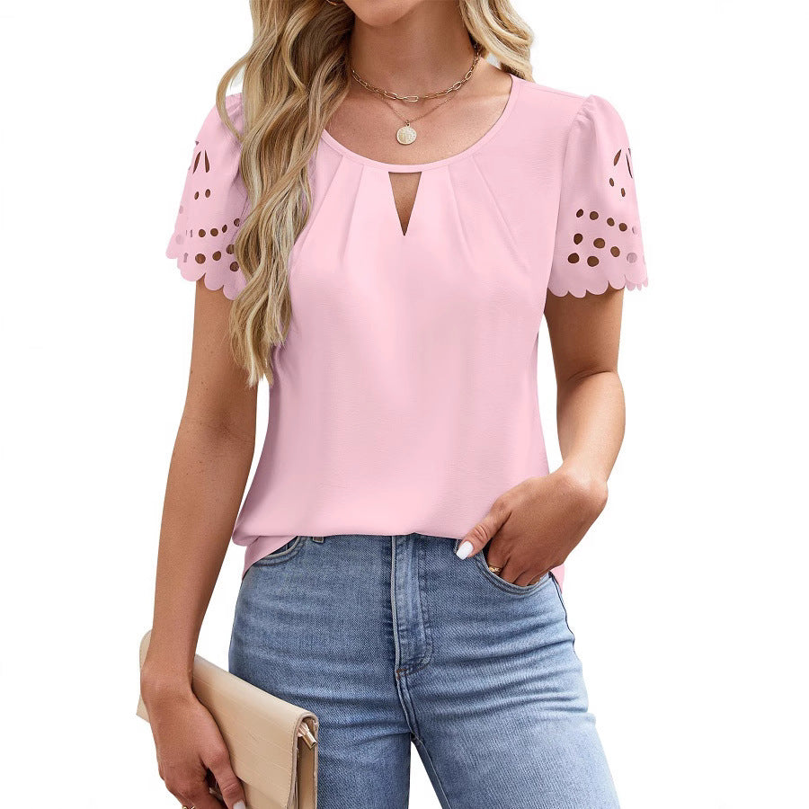 V Neck Eyelet Sleeve Chiffon Blouse Casual Summer Top