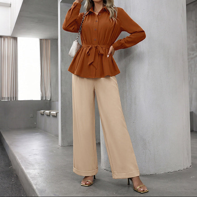 Elegant Belted Blouse Wide Leg Pants Two Piece Set