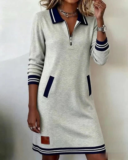 Color Block Half Zip Long Sleeve Sweatshirt Dress
