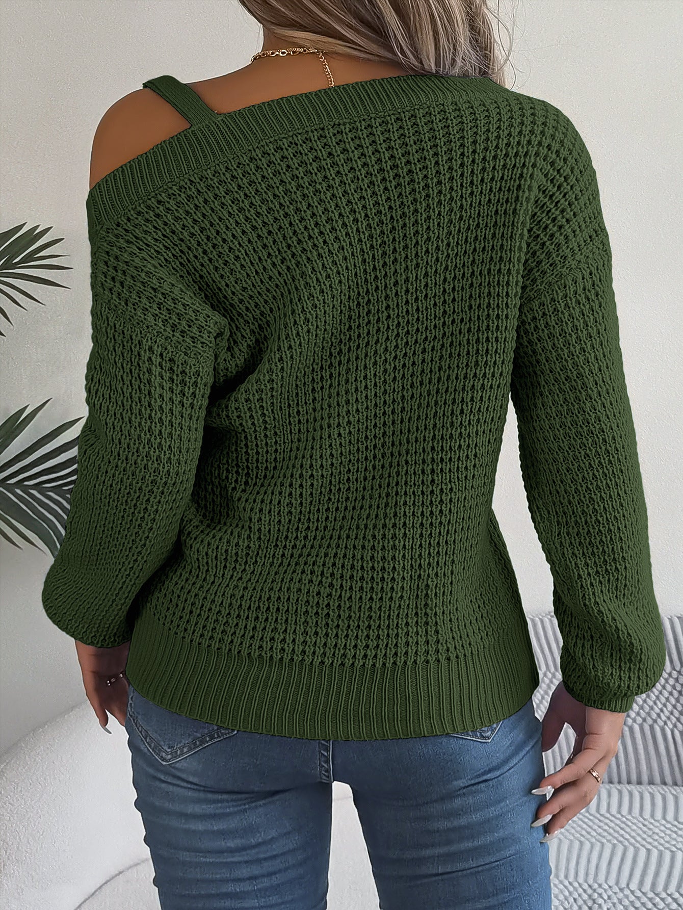 Casual Metal Buckle Splicing Off-shoulder Lantern Sleeve Pullover Sweater