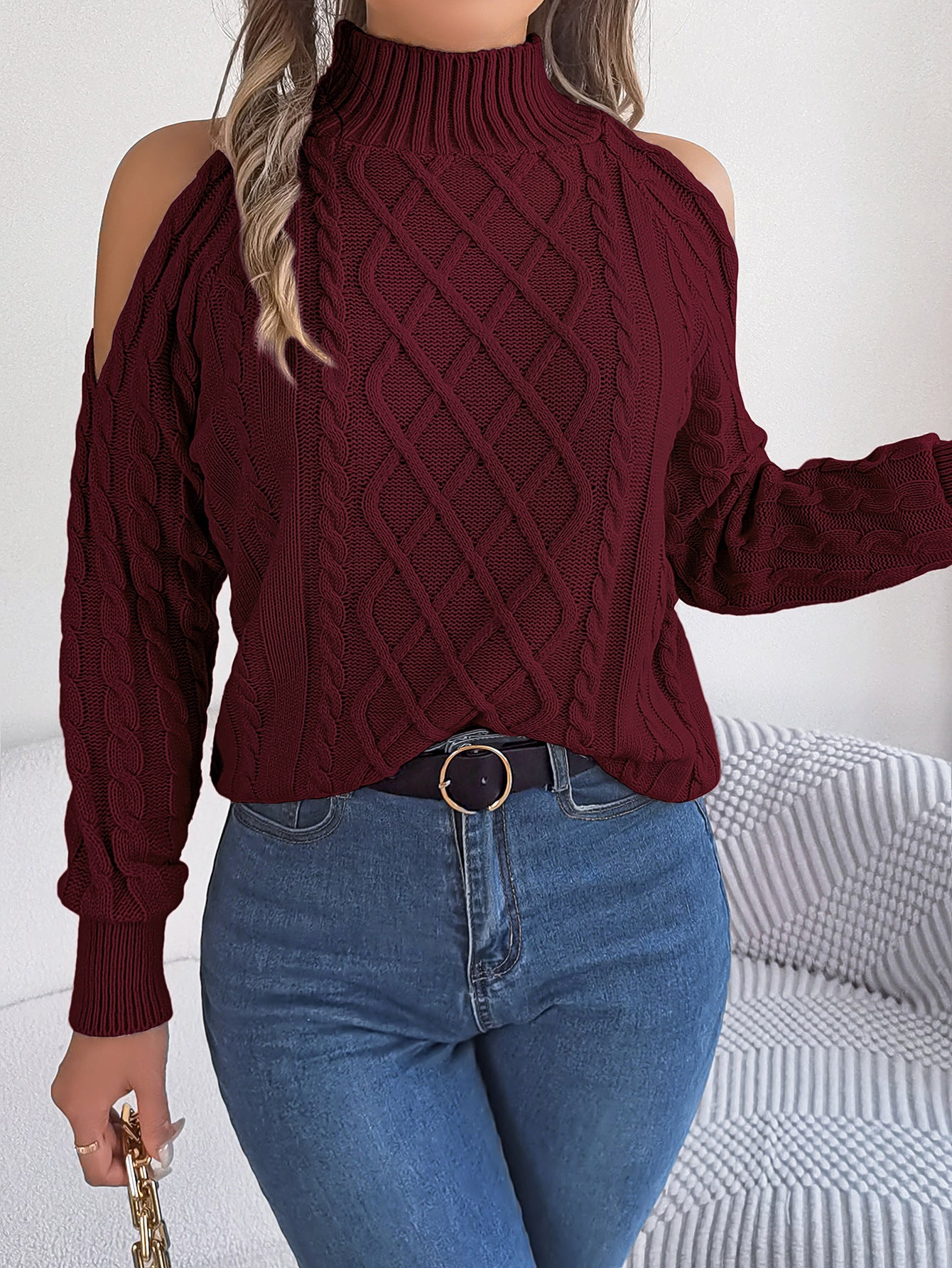 2025 Fall Winter Off-Shoulder Cable Knit Turtleneck Sweater