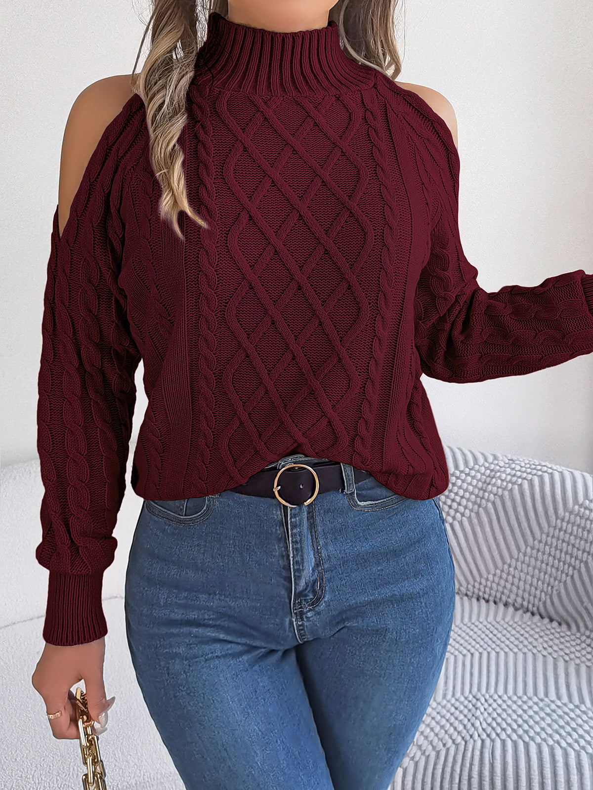 Women's Cold Shoulder Cable Knit Mock Neck Sweater