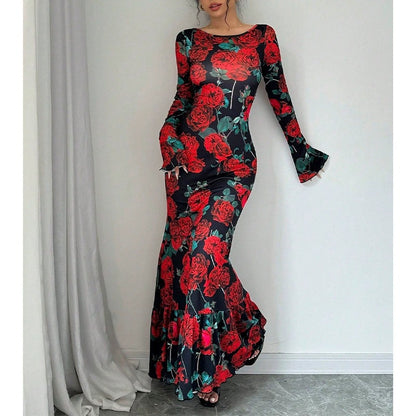 Women's Rose Print Bell Sleeve Bodycon Maxi Dress