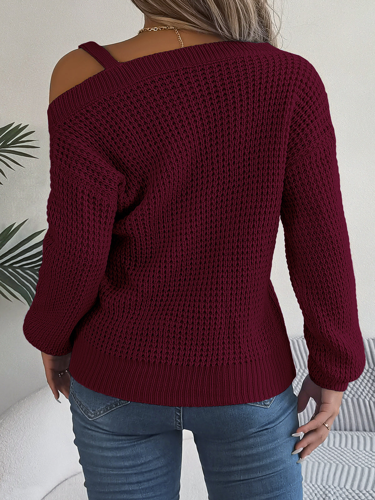 Women's Off Shoulder Buckle Balloon Sleeve Knit Sweater