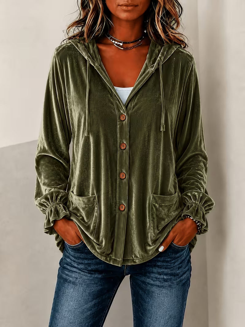 Women's Velvet Hooded Button Down Jacket