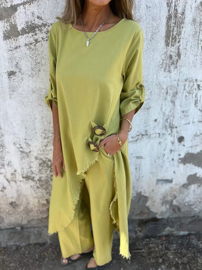 Womens Boho Asymmetrical Linen Blend Tunic Pants Set