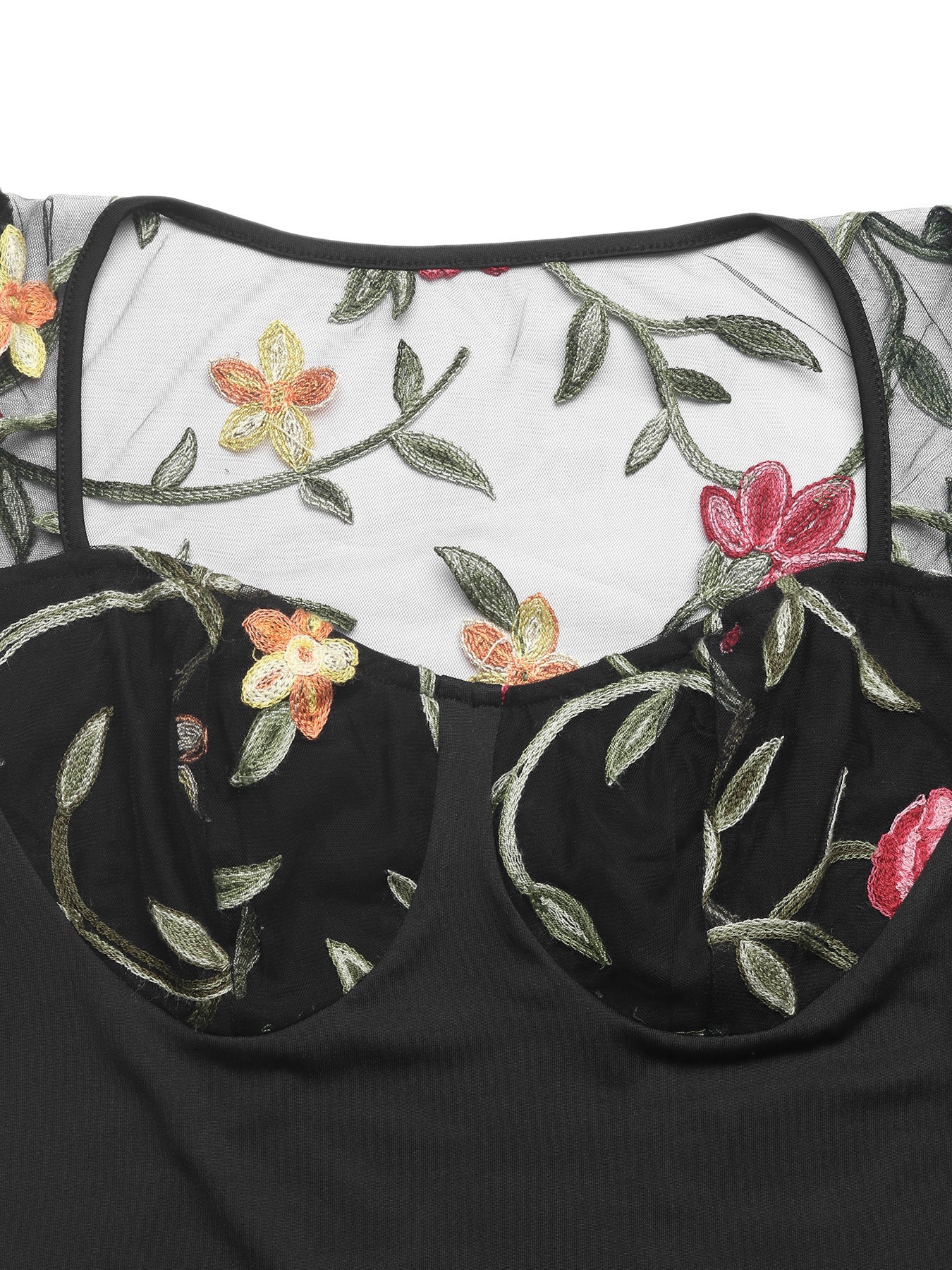 Floral Embroidered Mesh Bodysuit Sheer Sleeve Top