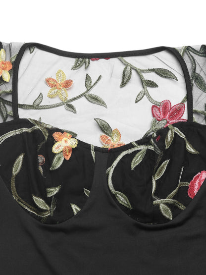Floral Embroidered Mesh Bodysuit Sheer Sleeve Top
