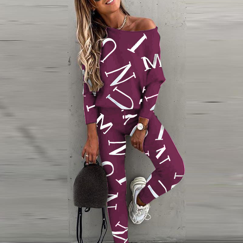Women Off Shoulder Letter Print Lounge Set Two Piece