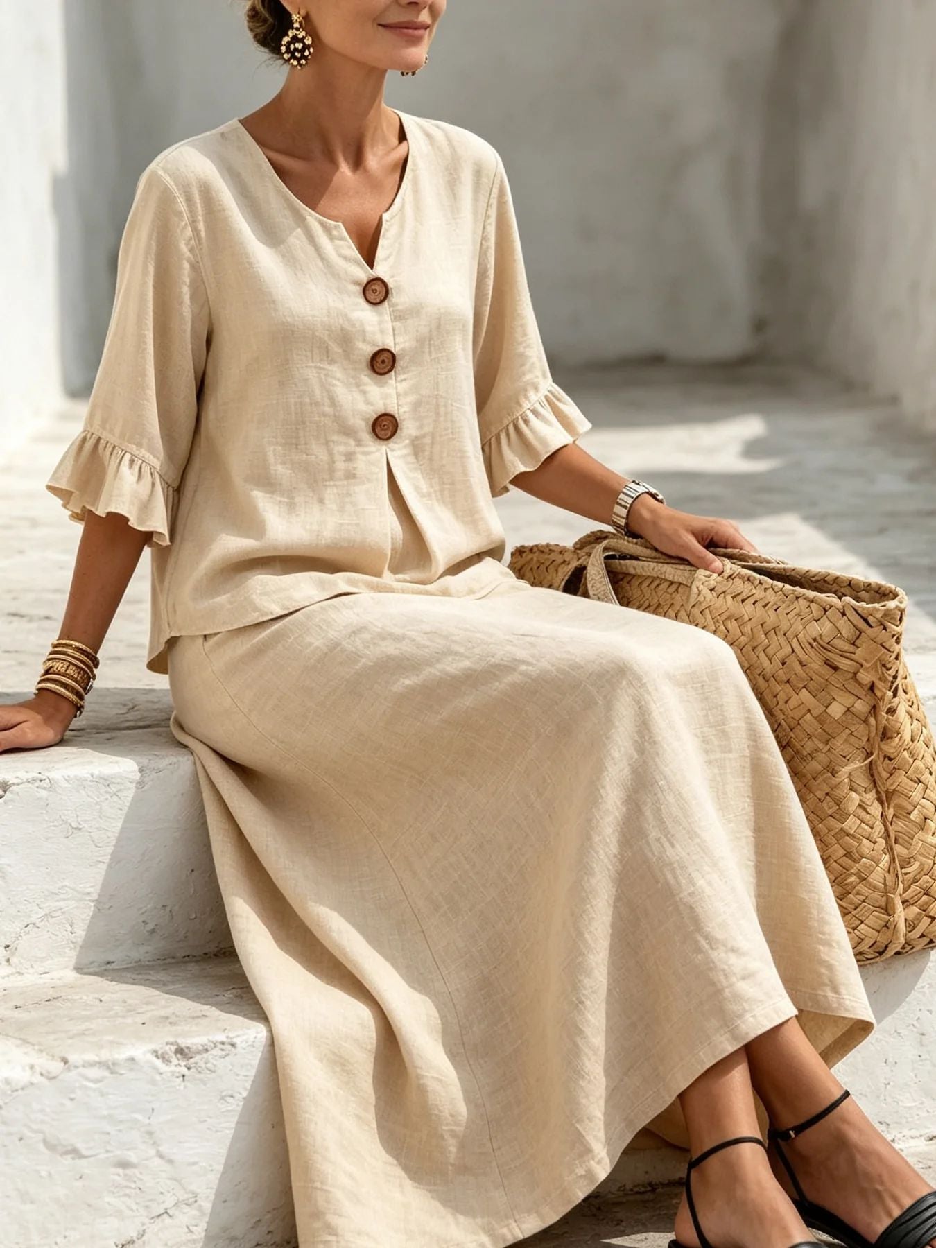 Boho Button Front Flounce Sleeve Top Midi Skirt Set