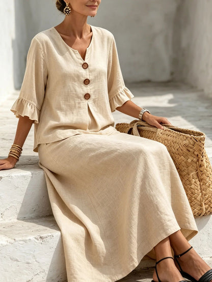 Boho Button Front Flounce Sleeve Top Midi Skirt Set