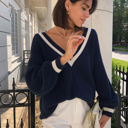 Oversized V-Neck Sweater Women's Long Sleeve Chunky Knit