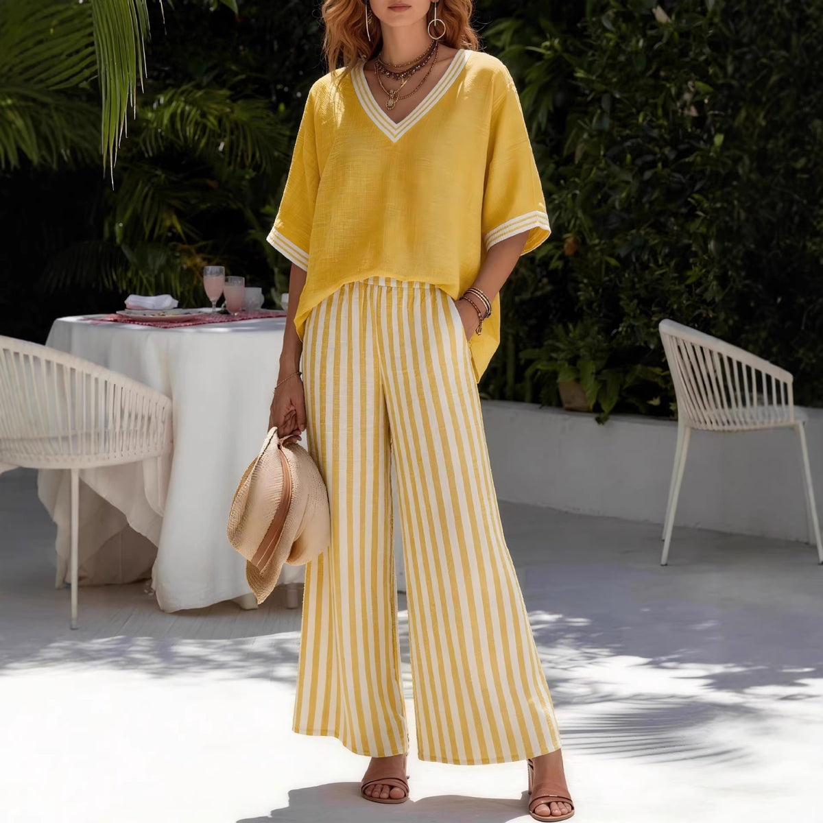 Women's Striped Wide Leg Pants V-Neck Top Two Piece Set