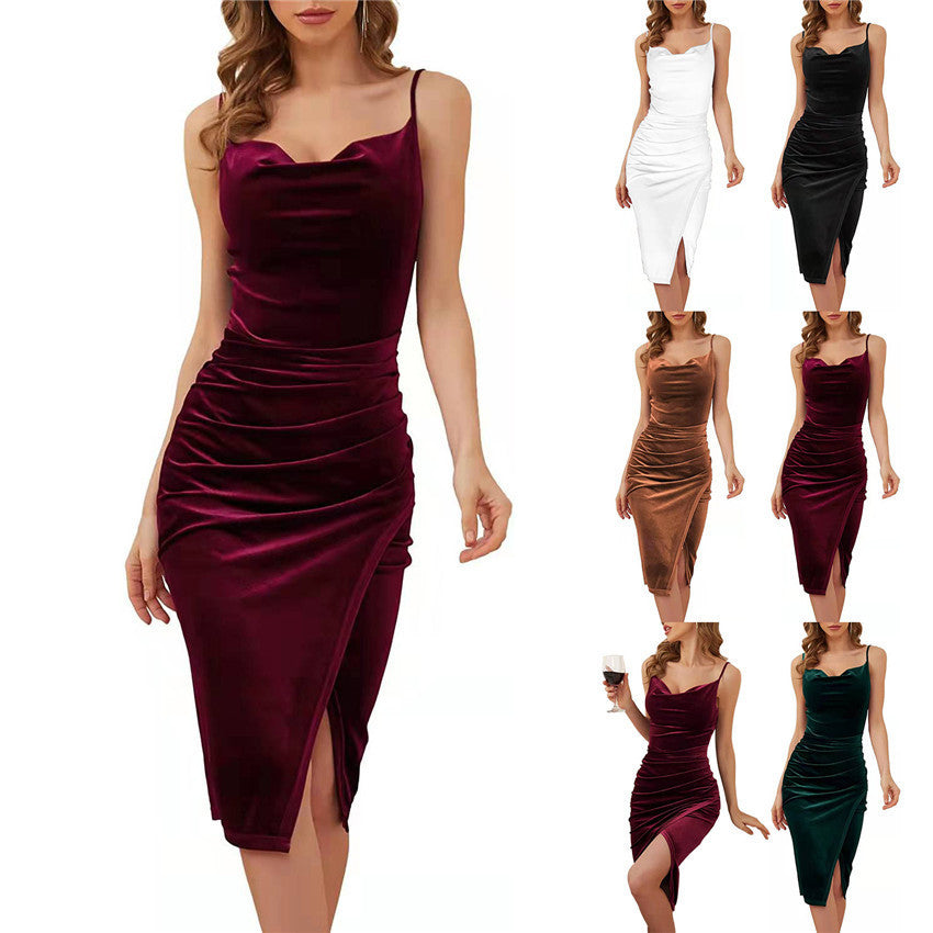Sexy Velvet Cowl Neck Ruched Slit Bodycon Midi Dress
