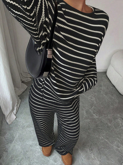 Stripe Knit Lounge Set Crew Neck Top and Wide Leg Pants