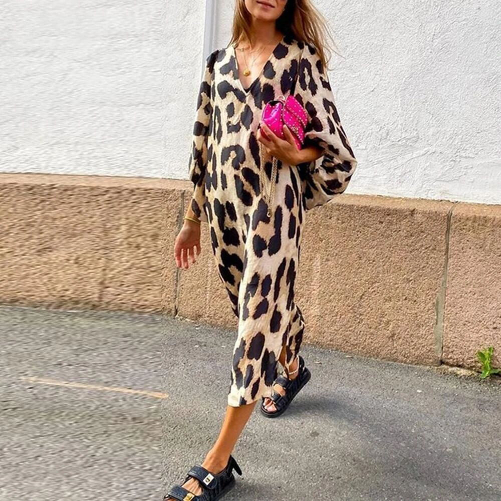 Women's Leopard Print V-Neck Balloon Sleeve Maxi Dress