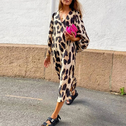 Women's Leopard Print V-Neck Balloon Sleeve Maxi Dress