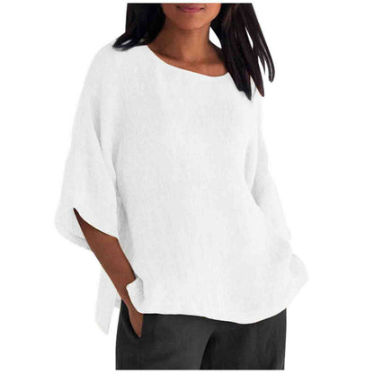 Women's Linen Top Oversized 3/4 Sleeve Round Neck 25 Colors