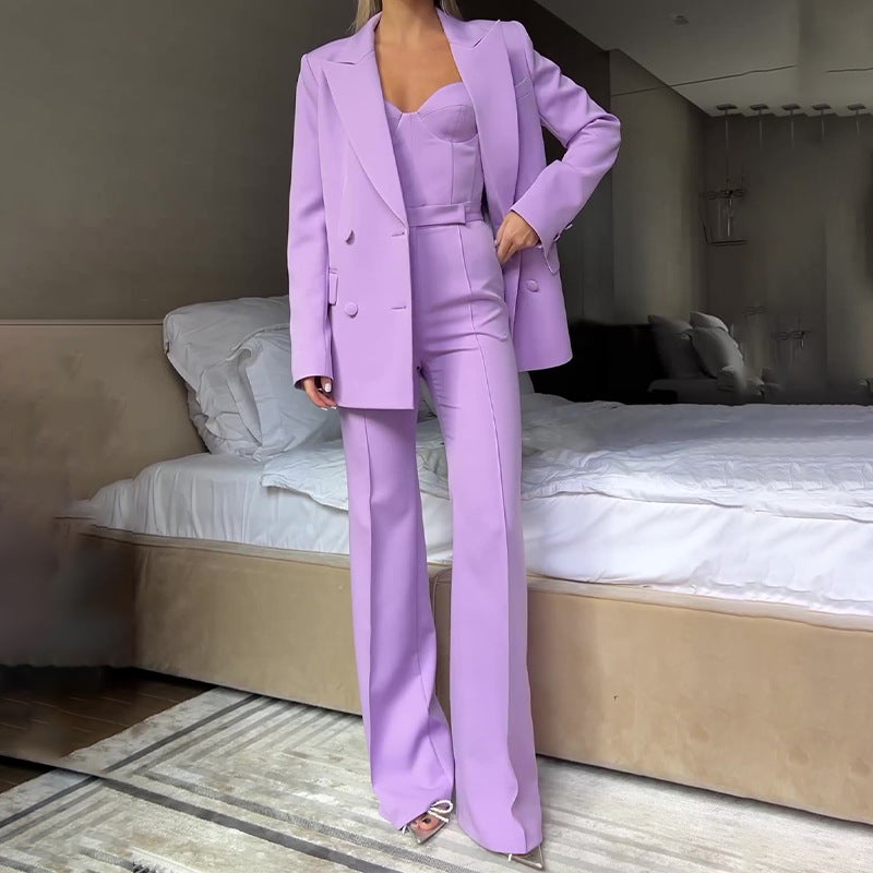 Women's 3 Piece Blazer Bustier Top Wide Leg Pants Set