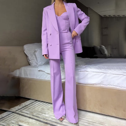 Women's 3 Piece Blazer Bustier Top Wide Leg Pants Set