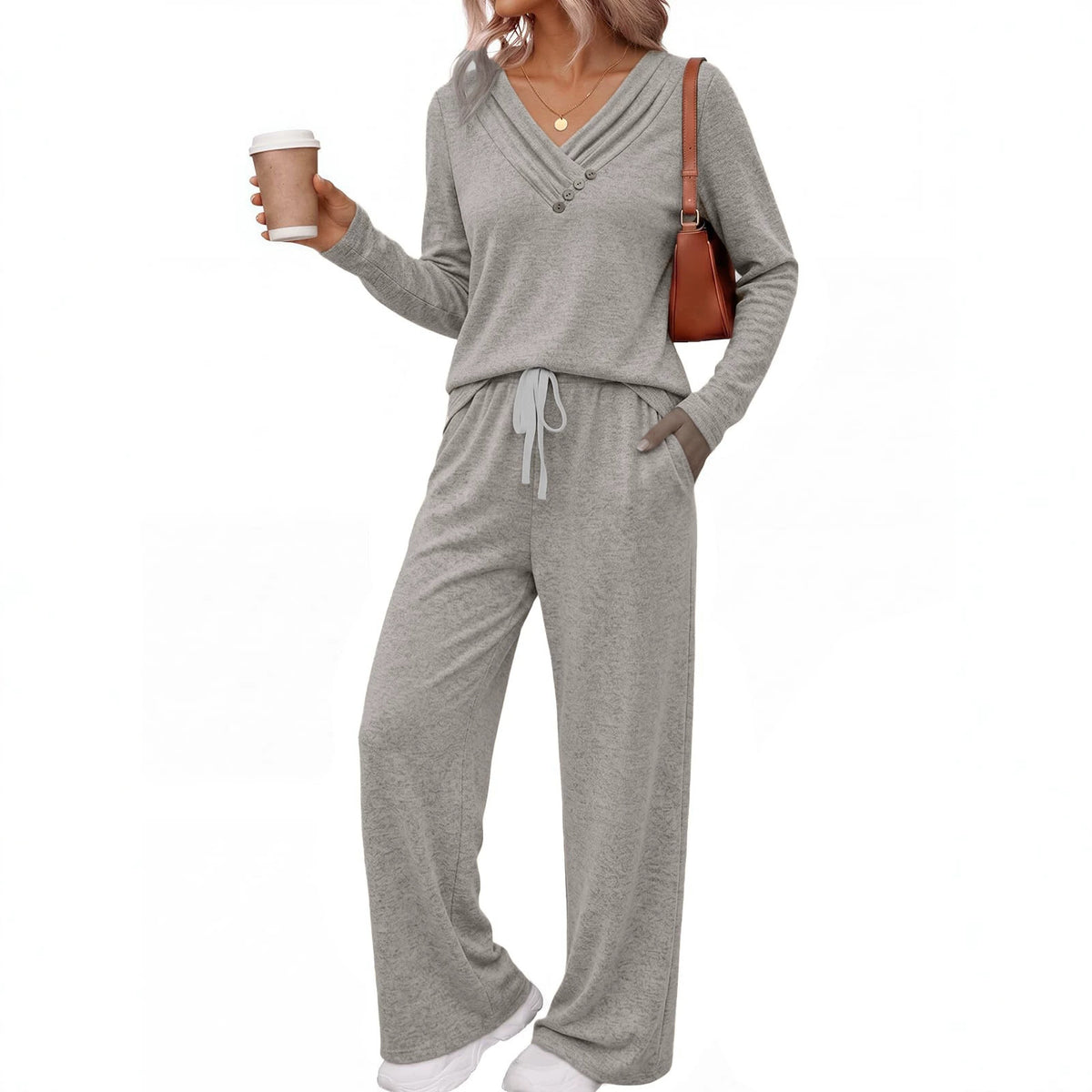 Casual V-Neck Button Top Wide Leg Pants Matching Set