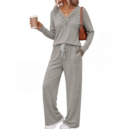 Casual V-Neck Button Top Wide Leg Pants Matching Set
